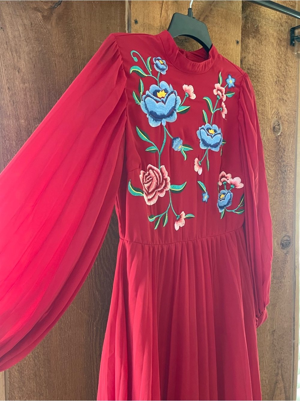 Asos Red Floral Embroidered Long Sleeve Dress